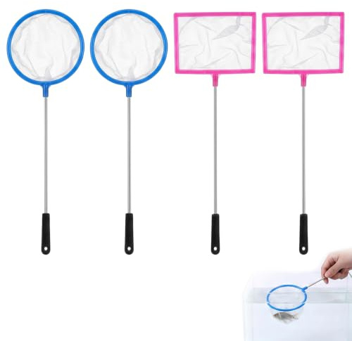 Lot de 4 Épuisettes Aquarium pour Poissons et Crevettes, Filet à Mailles Fines avec Manche de 32cm, Petite Épuisette pour Nettoyage de Bac et Réservoir, Diamètre 7cm, Couleurs Aléatoires