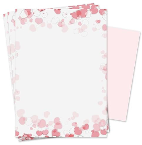 Briefpapier Set romantisch mit Umschlägen I 50 Blatt 90 g/m² DIN A4 I stilvolles Schreibpapier vielseitig verwendbar Rosa Herz Motiv-Papier I Geburtstag Urkunde Speisekarte I dv157