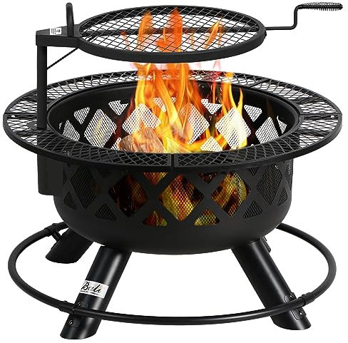 BALI OUTDOORS Wood Burning Fire Pit Backyard with Cooking Grill, 32in, Black, 24in