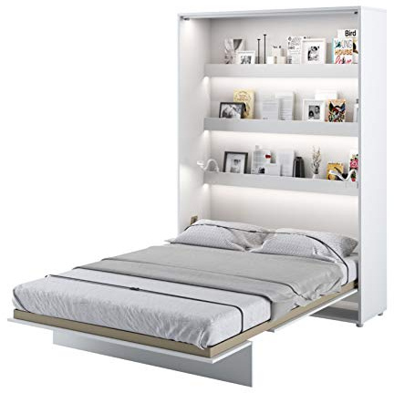 Arthauss Modern Vertical Wall Bed Concept with Storage and Gas Lifting Mechanism 140cm in White Gloss - Multifunctional with Functional Shelves and soft Close System