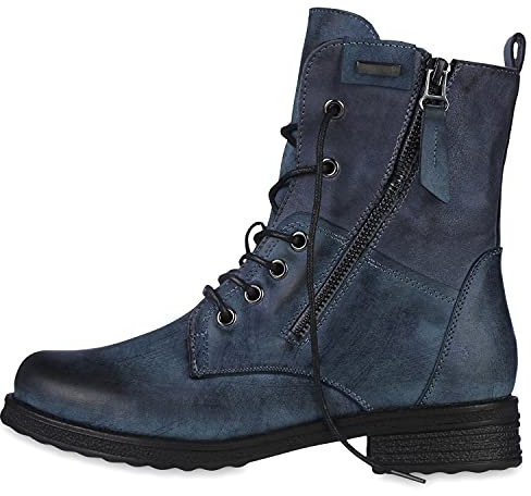 VAN HILL Damen Schnürstiefeletten Leicht Gefüttert Zipper Stiefeletten Blockabsatz Schnürer Schuhe 610440 Blau 39