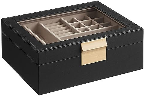SONGMICS Jewellery Box with Glass Lid, 2-Layer Jewellery Organiser with Removable Tray, Jewellery Storage, Modern Style, Gift for Loved Ones, Graphite Black and Metallic Gold JBC238B01