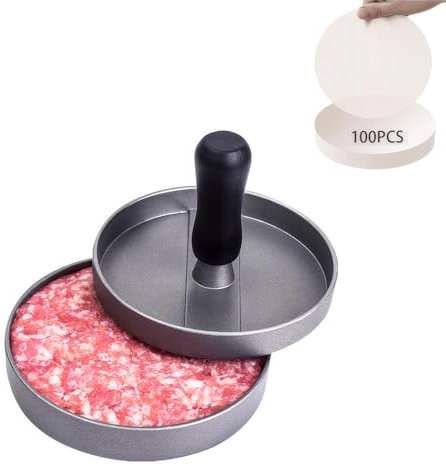 YeZhXing Pressa per Hamburger in Alluminio,Dotata di 100 Carta Hamburger,Rotondi Stampo per Hamburger,12cm Stampi per Hamburger,Macchina per Hamburger,Adatto per Patty, Cucina e BBQ