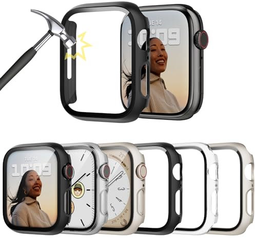 Lovmunia 6-Stück Hard Gehäuse mit Displayschutzfolie Kompatibel mit Apple Watch Series 9/8/7 45mm, Rundum PC Ultradünne Schutzhülle Eingebaut Kratzfest Gehärtetes Glas Schutzfolie für iWatch 45mm