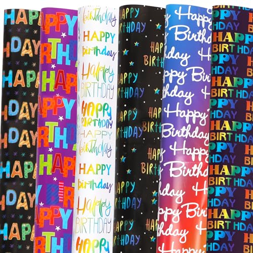 12 Sheets Birthday Wrapping Paper with Ribbon 50X70cm Gift Wrap Paper for Women Men Girls Boys Birthday Baby Shower