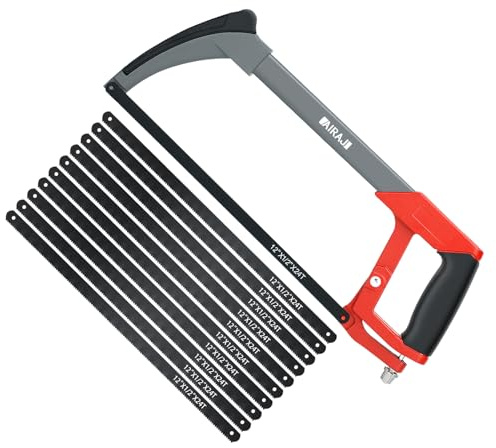 AIRAJ Hacksaw - Heavy Duty Hacksaw for Metal Cutting - Two Sawing Angles 45°/90° - with 10 Spare Blades - Metal Hack Saw for Wood, Plastics, Rubber and Other Common Materials