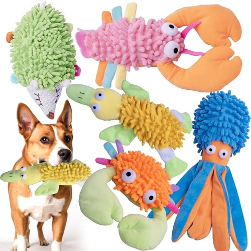 MIXCOTIA 5 Pack Dog Squeaky Toys Bulk,Cute Octopus & Hedgehog Plush Dog Toys,Crinkle Interactive Chew Toys for Puppy Teething, Small Medium Breeds