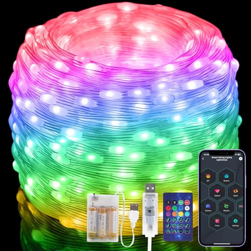 20M Lichterkette Batterie, 200 LEDs RGB Smart IC Lichtschlauch Wasserdicht für Außen Innen, 99+Modi, Musik Sync, Timer, App/Fernbedienung Steuerung, für Weihnachten Hochzeit Party Feste Deko