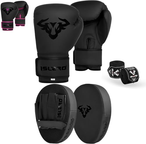 Islero Ensemble de gants de boxe et coussinets de mise au point avec crochet et jab - Bouclier de frappe pour entraînement MMA, arts martiaux, Muay Thai, kickboxing, karaté, homme et femme (noir