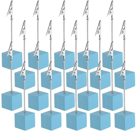 PATIKIL 20 Piezas Soporte Para Tarjetas De Lugar Color Azul Claro | Soporte Para Memo Clip Con Pinza De Cocodrilo, Soporte Para Números De Mesa Base De Madera, Para Fotos Notas Y Tarjetas