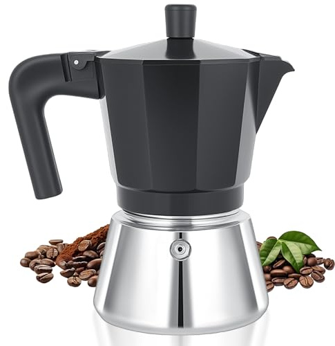 Cozary Cafetera Italiana Moka 6 Tazas (300 ML) Induction Inox de Aluminio y Acero Inoxidable Mango termorresistente Compatible con todo tipo de placas, incluida la inducción (base de 11 cm)