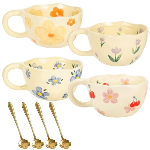 PORFOYO Ensemble de tasses en céramique : lot de 4 tasses à thé en céramique faites à la main fleur, esthétique créative tasse à café cadeau lait, tasses irrégulières pour la maison et le bureau