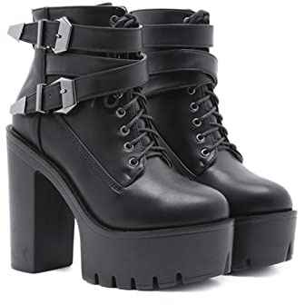 HFWXYSA Stivali Donna con Tacco Alto E Plateau Tacco Largo Stringati Stivaletti Plateau Stivaletti con Cerniera E Fibbia,Nero,39 EU