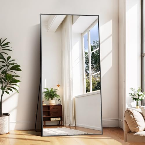 BONEWEI Stående spegel, 180 x 86 cm, stor helkroppsspegel, med svart aluminiumram, rektangulär hängande eller hängande väggspegel för sovrum, vardagsrum, hall