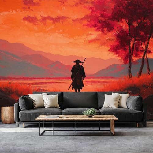 Panoramique Murale Peinture À L’Huile Coucher Soleil Samouraï Papier Peint Intissé, Pour Salon Chambre Enfant Chambre Décoration Couleur Orange Murale Moderne Poster Tableaux Photo Muraux 300 x 210 cm