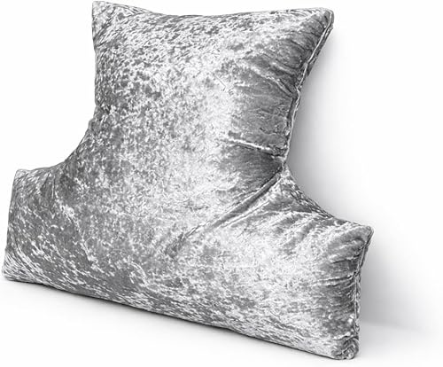 Orthopaedic Back Support Cushion, Thick Lumbar Pillow for Armchair, Desk Chair, Bed & Sofa – Reading & Sitting Support Cushion with Armrests – Crushed Velvet Cover, Silver Grey