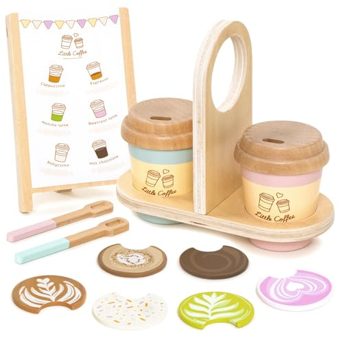 UMU Coffee to Go - Set di servizi da caffè per bambini dai 3 anni in su, 15 pezzi, accessori per gioco di ruolo, in legno e barista
