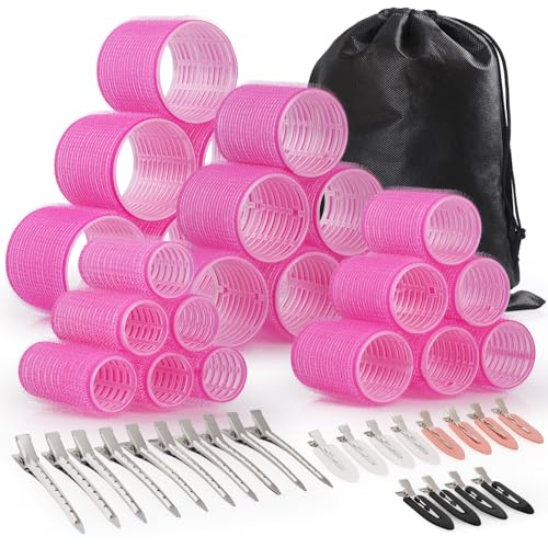 Rulos Pelo Grandes Autoadhesivas 48 Piezas,Wyngee Incluye 24 rulos autoadhesivos 12 horquillas 12 pinzas para separar el cabello y estuche de almacenamiento Rizadores sin calor para dar volumen, ondas