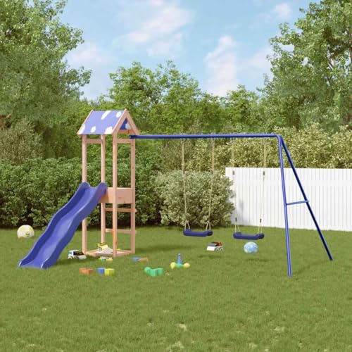 Ordellia Torre de juegos de madera maciza de Douglas con tobogán ondulado, columpio doble, arenero y techo de nubes, juguete de jardín para niños de 3 a 8 años, 308 x 340 x 195 cm, natural
