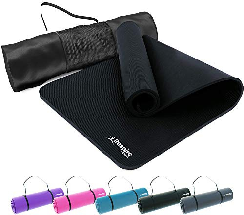 Respire Fitness Yoga Mat for Men and Women, 185 x 57 cm, Thick Cushion with Smooth and Ribbed Surfaces, Non-Slip Sweat Resistant Material for Pilates, Stretching, Fitness, and Meditation (Black)