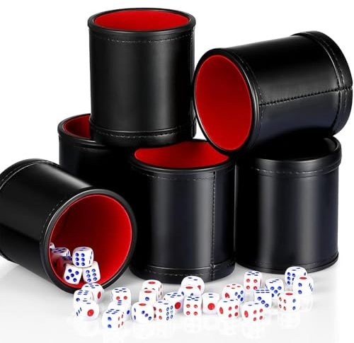 Skylety 6 Pcs PU Leather Dice Cups Set, Red Leatherette Felt Lining Quiet Shaker with 30 Dices Liars dice Game for Craps Farkle Casino Game Family Bar