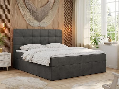 MKS MEBLE Boxspringbett mit Matratze, Bett mit Multipocket - Matratze und Topper T25, Polsterbett mit Bettkasten und Kopfteil, ERNI (160x200 cm, H3 Dunkelgrau, Velvet)