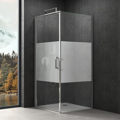 doporro Cabine de Douche en Angle Montage réversible 90x90x195 Paroi de Douche Design Ravenna36MS-Plus Porte Pivotante Autolevante en Verre Transparant avec Bande Opaque de 8mm