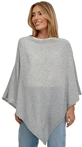 GLAMEXX24 poncho da donna in maglia, tinta unita, cappotto in maglieria fine, pullover, sciarpa a tracolla, eleganza, stile e comfort per primavera e autunno, Made in Italy, grigio chiaro, L-XL