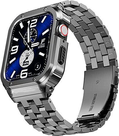 SUPLINK Coque en acier inoxydable avec bracelet compatible avec Apple Watch Series SE 6 5 4 3 2 1 de 42 mm, 44 mm, bracelet de protection en métal robuste et réglable pour iWatch pour homme (gris