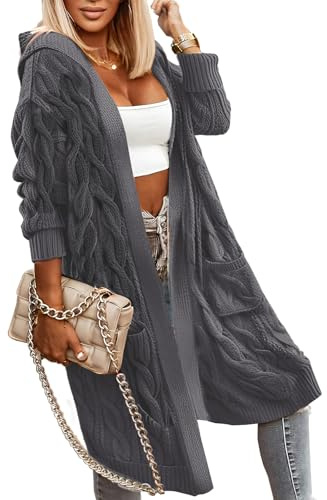 WIFFGO Cable Knit Cardigan Sweaters for Women 2026 Fall Winter Open Front Hooded Oversized Long Trendy Warm Coats Outwear Dark Gray