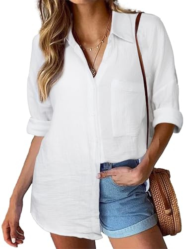 Aottori Camicia Donna Elegante Camicetta con Scollo a V Blusa Oversize Tinta Unita Camicie con Tasche sul Petto Bianco XXL
