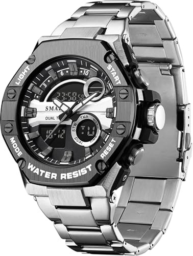 findtime Militärklocka för män, digitala analoga klockor, vattentät, rostfritt stål, sport, utomhus, taktisk armbandsur med väckarstoppur, LED-kalender, Svart, armband