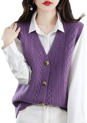 OFFSUM Gilet Pull Femme - Printemps Automne Couleur Unie Mode Jacquard Gilet sans Manches Casual Grande Taille Simple Boutonnage Style Coréen Haut,Violet,M(47.5-55) Kg