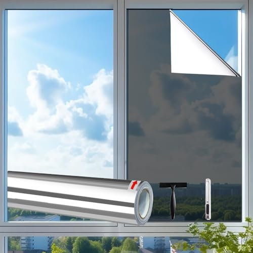 Fensterfolie Sonnenschutz, Viwril UV Folie Fenster hitzeschutz, Spiegelfolie Sichtschutzfolie für Zuhause und Büro, fensterfolie selbsthaftend, Silber (90x200cm)