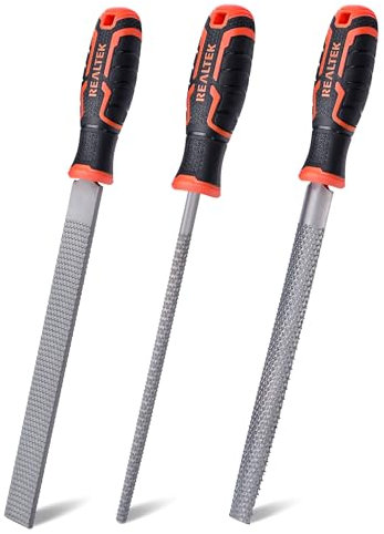 REALTEK Juego de 3 limas de escofina de madera, lima de madera de acero de alto carbono T12, 200mm, construcción de acero premium, con agarre suave, plana, media redonda, para lijado de madera