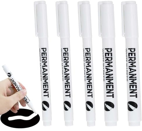 5 Pack White Permanent Marker Pen Set, 1mm & 2mm Acrylic Paint Markers, White Marker Pen Waterproof and Quick Drying, Acrylic Pens for Paper, Fabric, Stone, Ceramic, Plastic, Glass, Wood, Metal