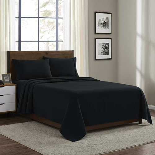 Juego de sábanas de franela 100 % algodón tamaño Queen, cálido y acogedor para invierno, ropa de cama de algodón cepillado suave para máxima comodidad, juego de sábanas pesadas, Queen, color negro