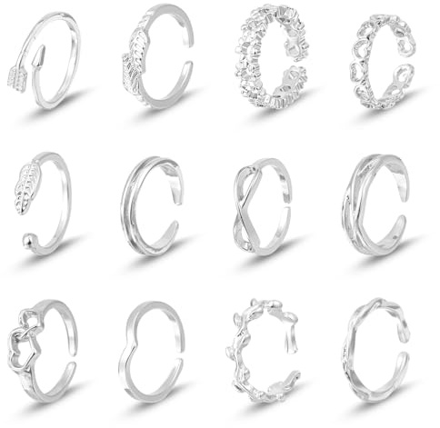 Ouligay 12 Stück Zehenringe für Frauen Verstellbare Offen Zehenring Silber Fußkettchen und Zehenring Set Verstellbare Bandringe Silber Zehenringe Damen Sommer Strand Fußschmuck für Damen Mädchen