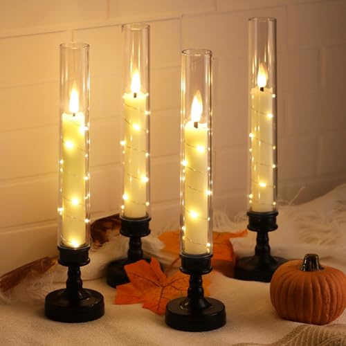 JVURICE Lot De 4 Bougies Led Vacillantes De 26 Cm Avec Bougeoirs, Minuteur Et Télécommande, Guirlande Lumineuse Pour Tables À Manger, Armoires, Noël, Halloween, Mariages, Nouvel An