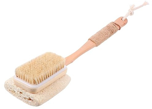 NOLITOY Spazzola Esfoliante Corpo in Luffa Doppia Faccia con Manico in Legno Naturale Spazzola Doccia per Pulizia e Massaggio Asciugatura Rapida per Esfoliazione Morbida e Liscia