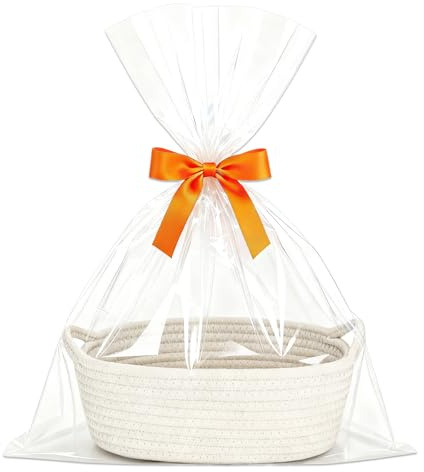 Geschenkkorb Leer Groß, Weiß Geflochten Korb für Geschenke mit Geschenktüten und Bänder, Präsentkorb Leer Baumwollseilweberei, für Babyparty, Geburtstag, Hochzeit, Erntedank, Weihnachten, Aufbewahrung
