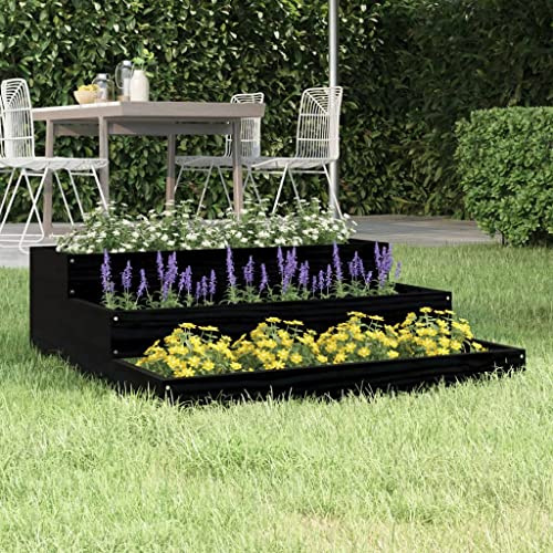 YUTAASU Fioriera in Legno di Pino Massello Design a Scala 78x78x27 cm Nero per Piante e Fiori - Struttura Robusta per Giardino e Decorazione Esterna - Vassoio