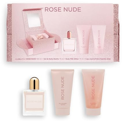 [Lote Rose Nude Mujer] Eau de parfum (100 ml) + GEL DE BAÑO (75 ml) + LECHE CORPORAL GLITTER (75 ml) + Caja Joyero Abatible | perfecto como regalo o para consentirse.