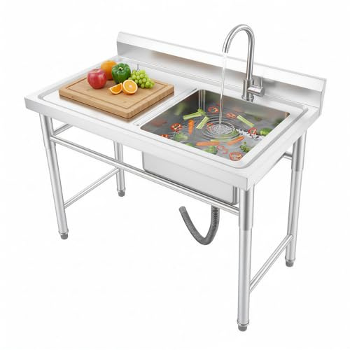 Diskbänk i rostfritt stål, diskbänk handfat utomhus diskbänk, handfat med varm och kall kran, fristående diskbänk för kök restaurang, 100 x 60 x 93 cm