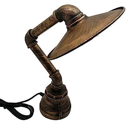 LEDSone Water Pipe Table Lamp, Retro Industrial Brushed Copper Steampunk Antique Metal Water Pipe Lighting with Flat Lampshade, Plug-in Bedside Lamp for Living Room, Bedroom, Study Room