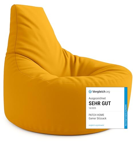 PATCH HOME Gamer kudde & lounge sittsäck fåtölj sittdyna sittsäckar gaming, redo med frigolitfyllning lämplig för inomhus- och utomhusbruk (gul, Ø 65 cm x höjd 70 cm junior)