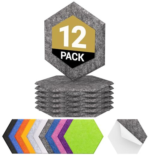 12 Pack Hexagon Acoustic Panels Self-adhesive, TONOR 12x10x0.4 High Density Sound Proofing Panels for Walls, Sound Deadening Treatment Sound Absorbing for Studio, Office, Home, Gray