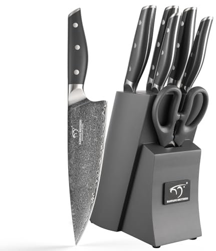 NANFANG BROTHERS Set di coltelli da cucina Damasco 7 pezzi con blocco, manico in ABS antiscivolo, set di coltelli in acciaio inox ultra affilati con blocco, coltello da chef, coltello da pane, ecc