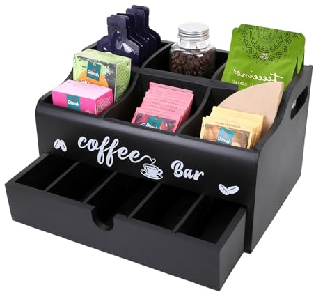 WATUNID Coffee Station Organiser for Worktop, Wooden Coffee Bar Accessories Organiser with Drawer, Tea Storage, Removable Coffee Pods Holder, Storage Basket, K Cup, Sugar Condiment