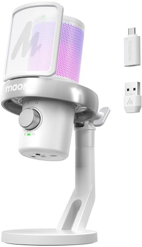MAONO Microphone Wireless for PC, USB Microphone with Software AI Voice Change, Three-Level Noise Cancellation, Custom RGB Light, Mute, for Gaming, Podcasting, Streaming, Recording, DM40 Pro White
